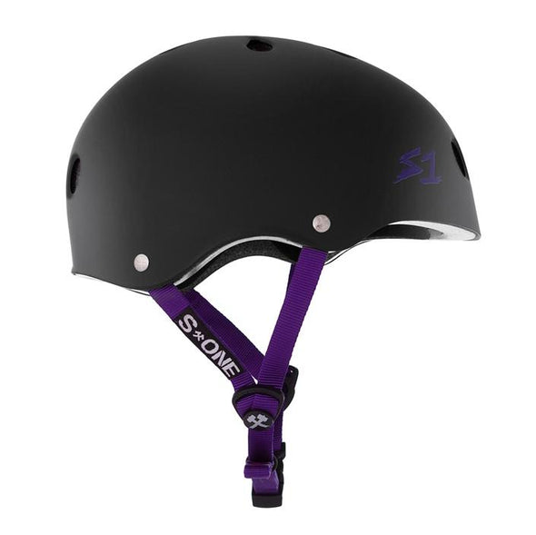 matt black lifer helmet with purple straps 