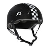 black s1 lifer helmet with white checkered stripe down the middle  