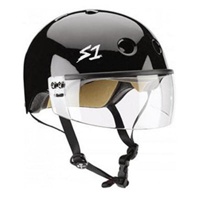 black gloss derby helmet with visor attach4ed to the front  