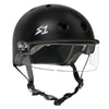 matt black roller derby helmet with clear visor attached to the front  