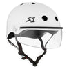 white gloss roller derby helmet with visor attached  