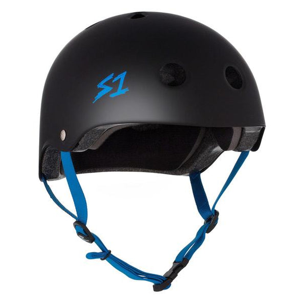 matt black skate or bike helmet with blue cyan straps and blue s1 label 