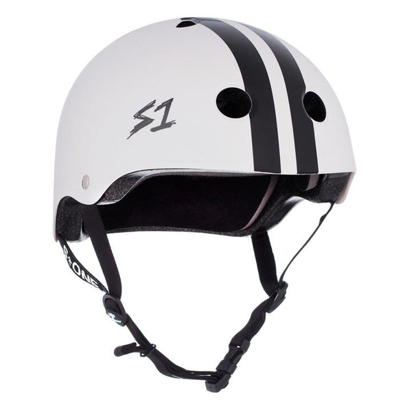 white gloss helmet with 2 black stripes down the middle  