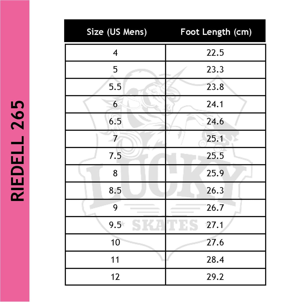 Riedell 265 Wicked Boot size chart 