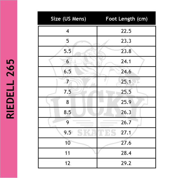 Riedell 265 Wicked Boot size chart 