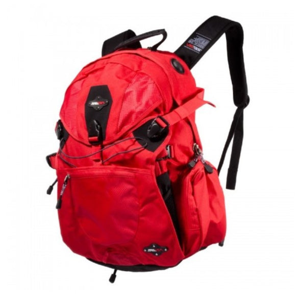 red inline skate backpack, black straps 