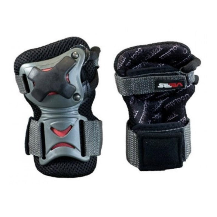 FRONT AND BACK VIEW OF BLACK AND GREY SEBA WRIST PADS 