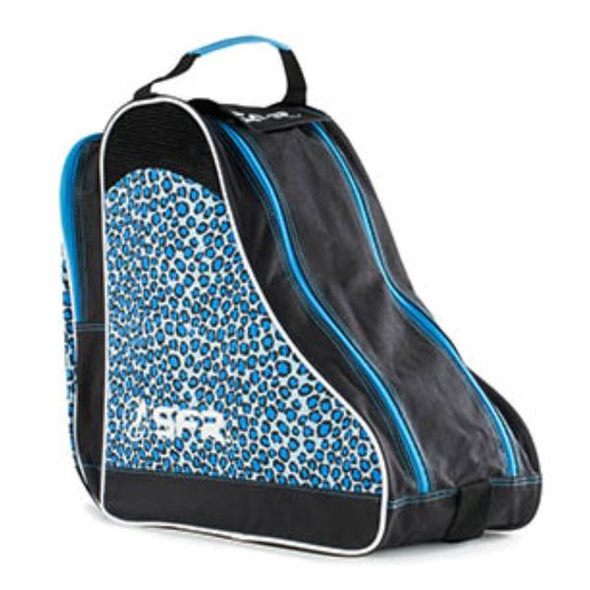 blue black white leopard print triangle bag, 2 zips on front, 1 rear zip, small handle, large strap