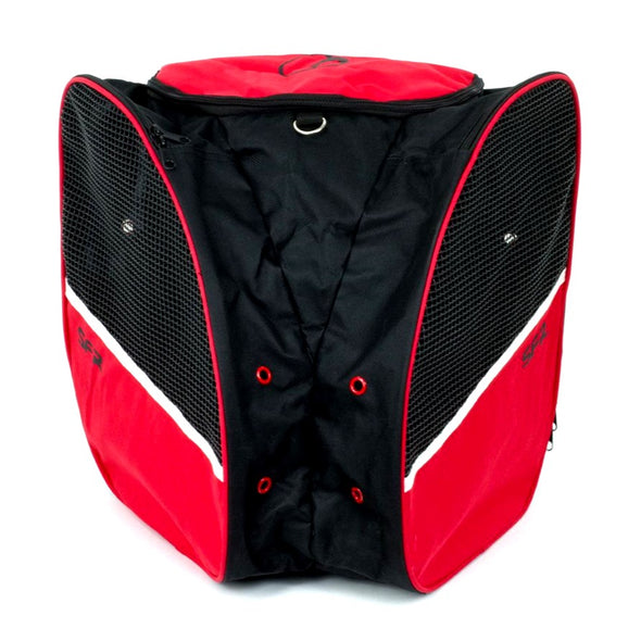 black red inline skate backpack, 2 side pockets, side top load 