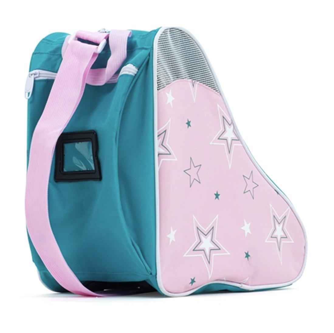 BACK VIEW OF PINK TEAL STAR PATTERN SFR SHOULDER CARRY SKATE BAG