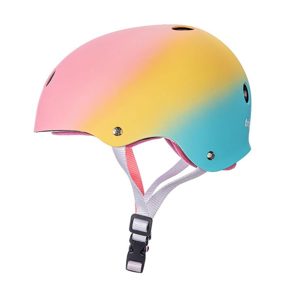 matt pastel pink with ombre yellow and blue certifies skate helmet, pink liner 