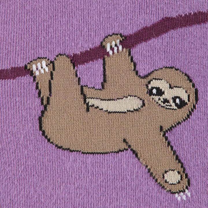 CLOSE UP OF SLOTH HANGING ON BRANCH PATTERN ON PURPLE SOCK