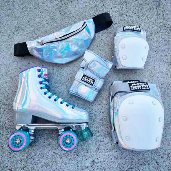 holographic silver retro high top roller skates, holographic 'Smith scabs' padding, holographic fanny pack bum bag 