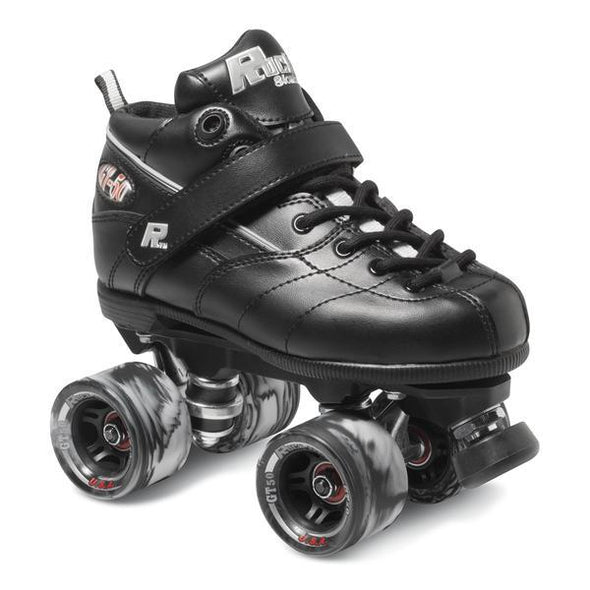 black sneaker speed roller derby quad roller skates, black grey marble wheels, adjustable toe stops  