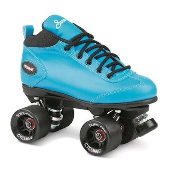 blue low cut speed derby roller skates