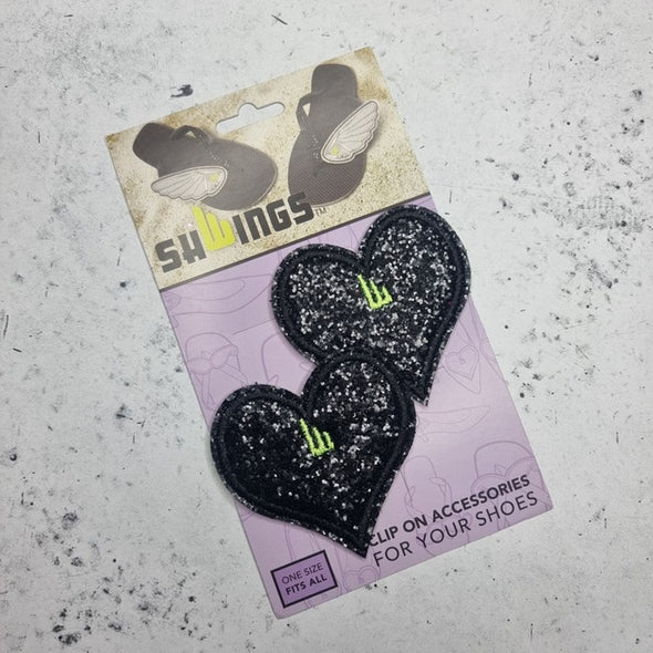 black glitter love heart shoe skate clips 