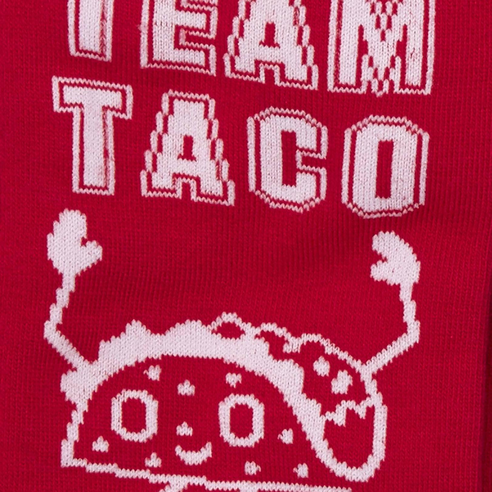 RED CREW SOCK WITH TACO AND TEXT "TEAM TACO"