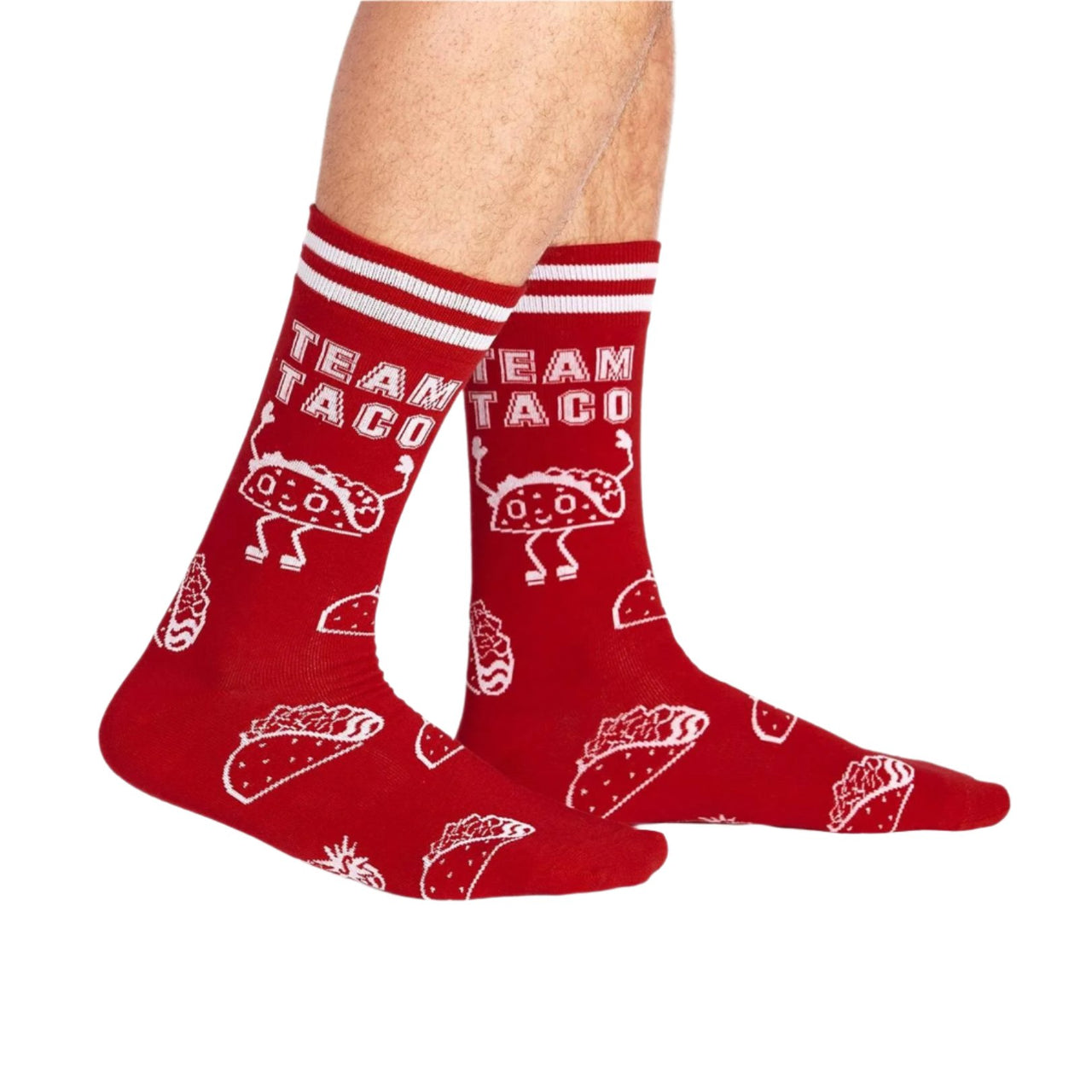 PERSON WEARING RED CREW SOCKS WITH TACOS AND TEXT "TEAM TACO"