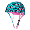 gloss teal and pink leopard helmet with 'Moxi' on the side and pink liner and straps 