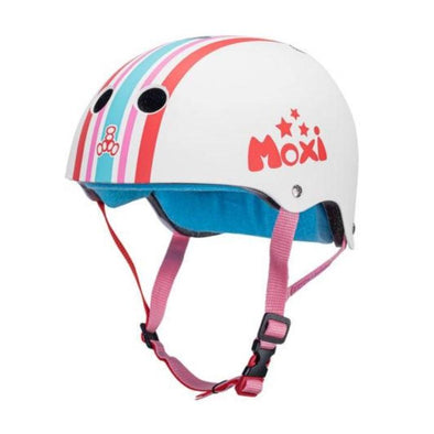 white matt helmet with pink, blue and red strip down the middle, blue liner, pink strapse 