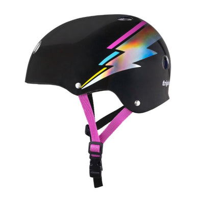 black gloss helmet with holographic lightning bolt and blue, yellow and pink border, pink straps 