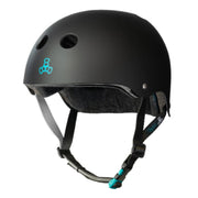 matt black skate helmet, black liner, teal buckle strap  