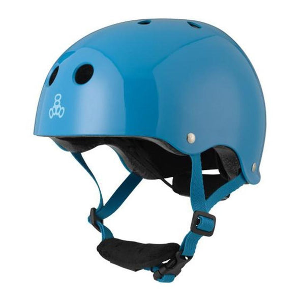 blue gloss helmet, black straps, chin protection, adjustable dial on back 