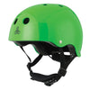 lime green gloss helmet, black straps, chin protection, adjustable dial on back 