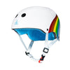 white gloss helmet with glitter rainbow design on the back, blue liner, white strap 