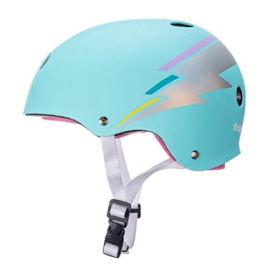 aqua matt helmet with holographic lightning bolt and teal, yellow and purple accents, pink liner helmet 