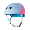 matt pastel blue helmet with pink and peach ombre fade and blue liner