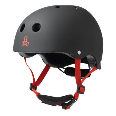 black matt helmet, red straps, chin protection, dial on back 