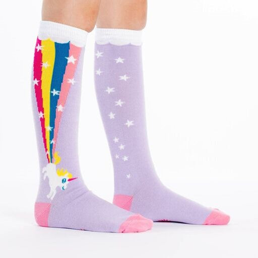 KID WEARING LILAC KNEE HIGH SOCKS WITH UNICORN FARTING RAINBOW