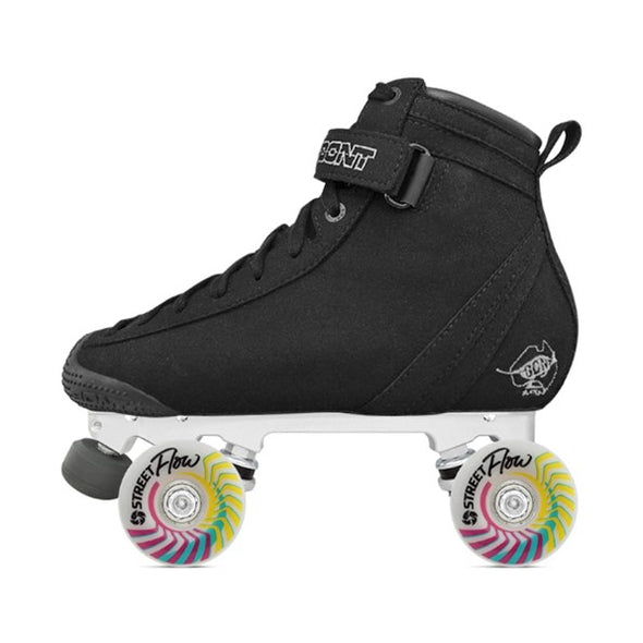 black vegan bont high top rollerskate with white street flow wheels